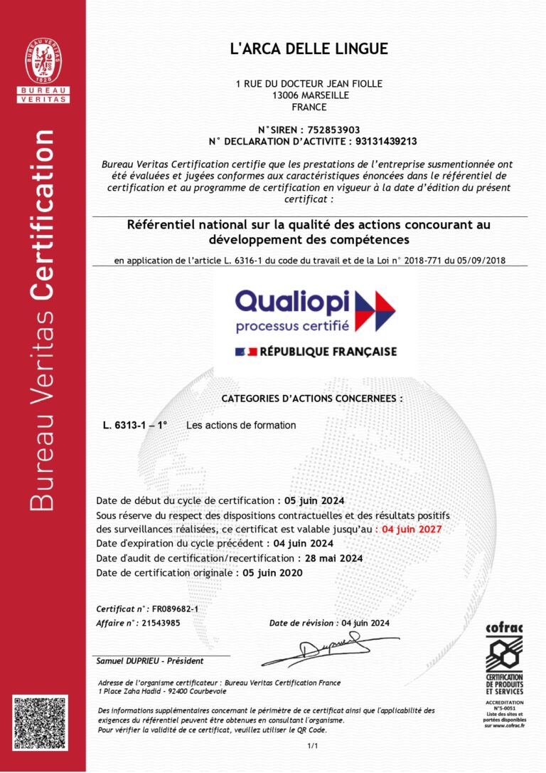 Certificat Qualiopi - 21543985 - L'Arca delle lingue 28 mai 2024