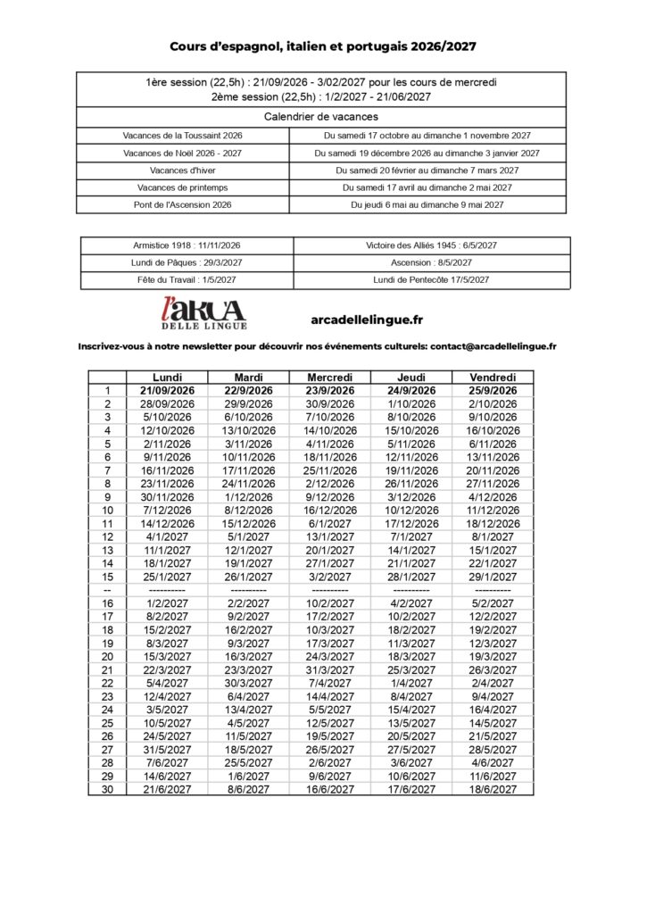 Calendrier cours de portugais à Marseille